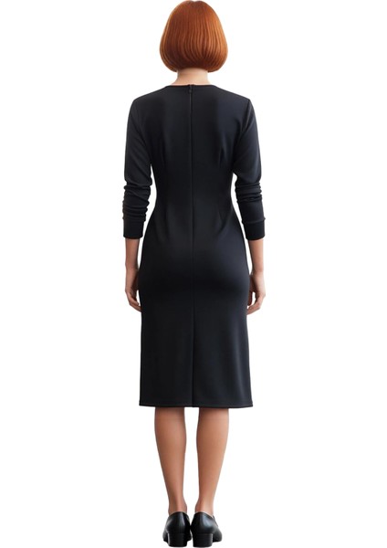 Kadın Siyah Bodycon Midi Elbise Polo Yaka Tam Fermuar Detaylı Uzun Kollu Şık Örme Tasarım Kaliteli fırsatları