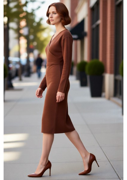 Kadın Kruvaze V Yaka Selanik Örme Bodycon Kışlık Midi Elbise Uzun Kollu Şık ve Konforlu Kaliteli