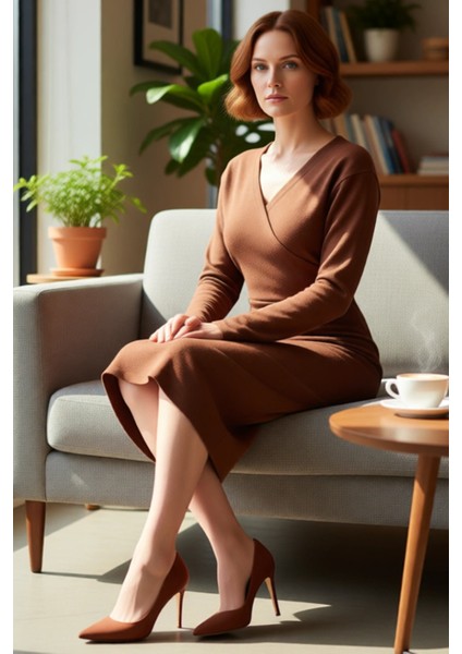 Kadın Kruvaze V Yaka Selanik Örme Bodycon Kışlık Midi Elbise Uzun Kollu Şık ve Konforlu Kaliteli fiyatları