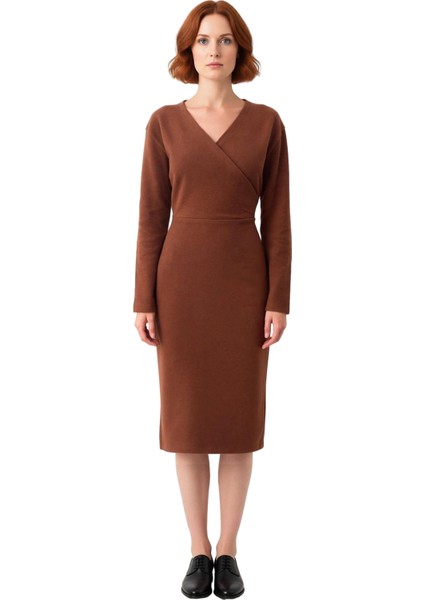Kadın Kruvaze V Yaka Selanik Örme Bodycon Kışlık Midi Elbise Uzun Kollu Şık ve Konforlu Kaliteli modelleri