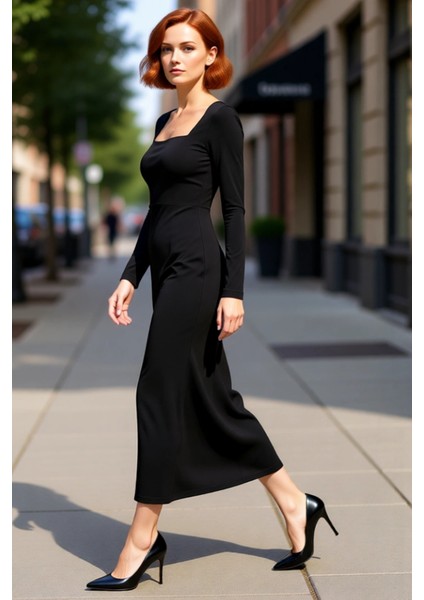 Kadın Bordo Maxi Boy Kare Yaka Bodycon Uzun Kollu Düz Örme Elbise Şık ve Konforlu Tasarım Kaliteli