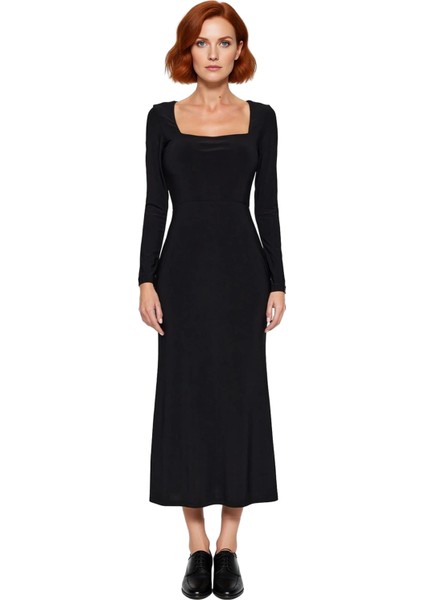 Kadın Bordo Maxi Boy Kare Yaka Bodycon Uzun Kollu Düz Örme Elbise Şık ve Konforlu Tasarım Kaliteli modelleri