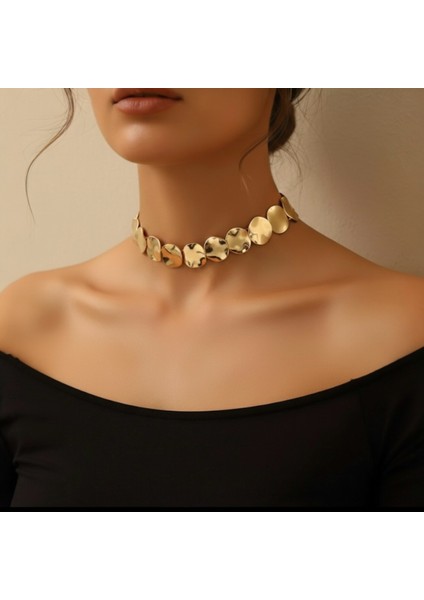 Lüks Gold Kaplama Çelik Choker Kolye Dövme Efektli Geniş Plaka Yaka Kolye Trend Statement Takı
