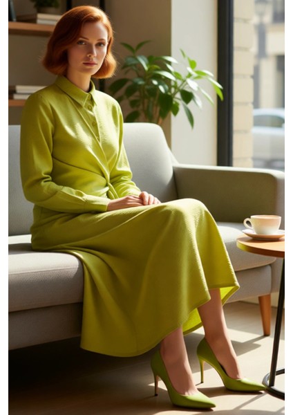 Kadın A Line Maxi Boy Dokuma Elbise Gömlek Yaka Standart Kol Belden Bağlama Detaylı Ilkbahar fiyatları