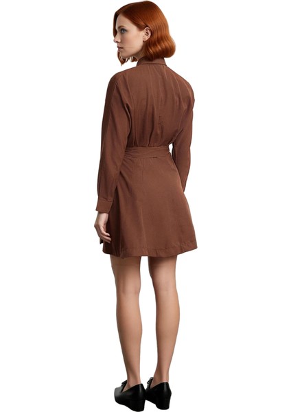 Kadın Kuşaklı Gömlek Yaka Yarasa Kol Uzun Mini Elbise Rahat Şık Dokuma Kumaş Tasarım Kaliteli fırsatları