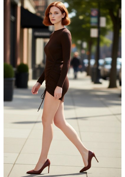 Kadın Triko Bodycon Uzun Kollu Büzgü Detaylı Mini Elbise Ilkbahar Sonbahar Şık Görünüm Kaliteli