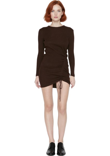 Kadın Triko Bodycon Uzun Kollu Büzgü Detaylı Mini Elbise Ilkbahar Sonbahar Şık Görünüm Kaliteli modelleri