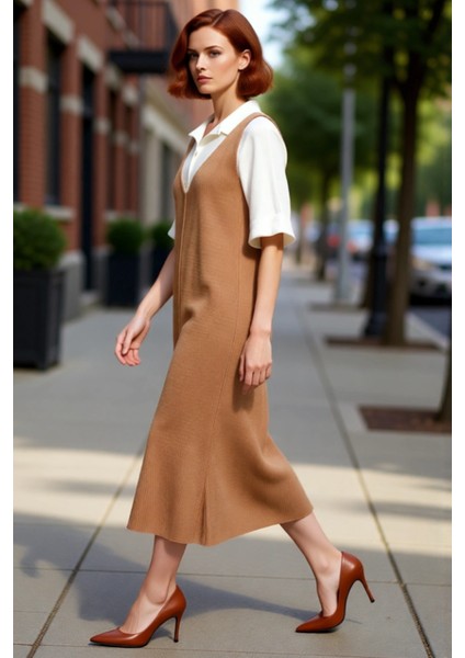 Kadın Gri Jile Triko Elbise Midi Boy V Yaka Kolsuz Rahat Kesim Ilkbahar Sonbahar Günlük Şıklığı