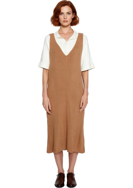 Kadın Gri Jile Triko Elbise Midi Boy V Yaka Kolsuz Rahat Kesim Ilkbahar Sonbahar Günlük Şıklığı modelleri