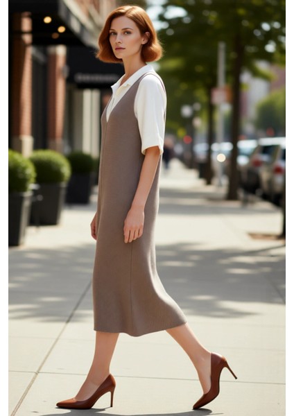 Kadın Gri Jile Triko Elbise Midi Boy V Yaka Kolsuz Rahat Kesim Ilkbahar Sonbahar Günlük Şıklığı