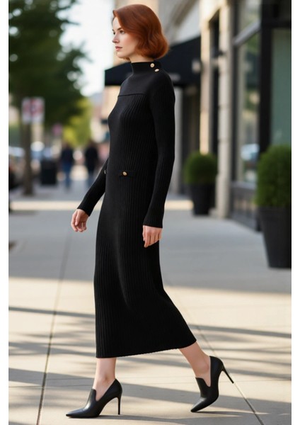 Kadın Dik Yaka Uzun Kollu Maxi Boy Ribana Triko Elbise Şık Düğme Detayları Ile Kışlık Günlük Şıklık