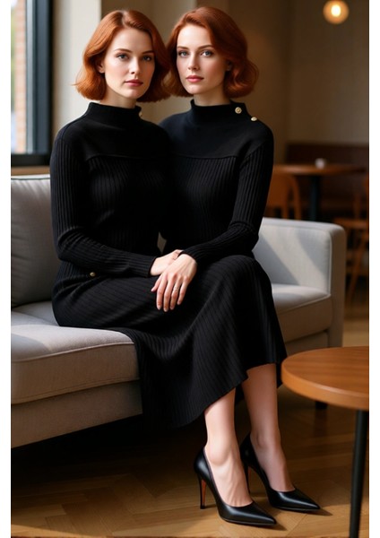 Kadın Dik Yaka Uzun Kollu Maxi Boy Ribana Triko Elbise Şık Düğme Detayları Ile Kışlık Günlük Şıklık fiyatları