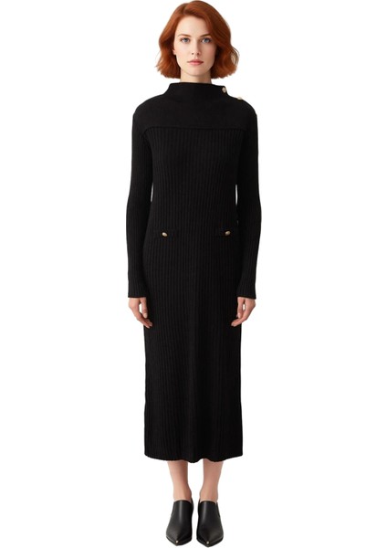 Kadın Dik Yaka Uzun Kollu Maxi Boy Ribana Triko Elbise Şık Düğme Detayları Ile Kışlık Günlük Şıklık modelleri