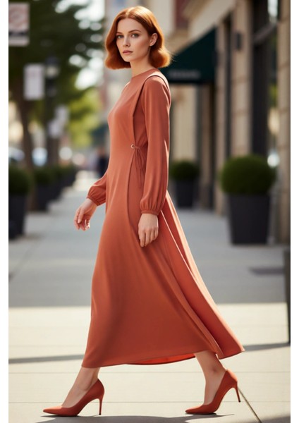 Kadın Shift Kalıp Maxi Boy Balon Kol Bağcıklı Aerobin Dokuma Bisiklet Yaka Elbise Günlük Şıklık