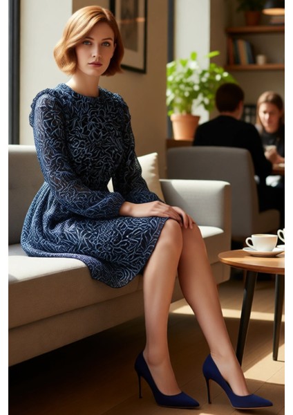 Kadın Mavi Çiçek Desenli Fırfırlı Şifon Astarlı Mini Elbise ile Şık Skater Siluet Kaliteli fiyatları