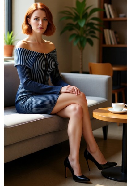 Kadın Bodycon Kesim Degrade Çizgili Ince Triko Mini Elbise Omuzları Açık Fermuar Detaylı Kaliteli fiyatları