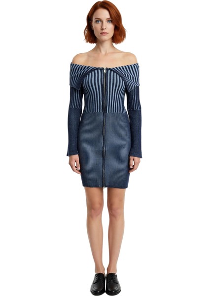 Kadın Bodycon Kesim Degrade Çizgili Ince Triko Mini Elbise Omuzları Açık Fermuar Detaylı Kaliteli modelleri