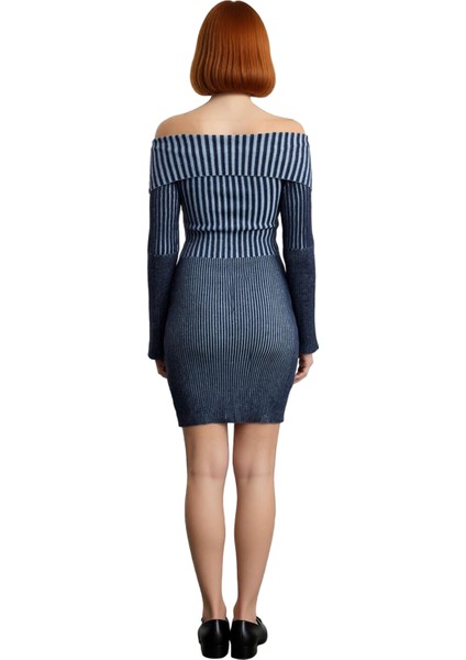 Kadın Bodycon Kesim Degrade Çizgili Ince Triko Mini Elbise Omuzları Açık Fermuar Detaylı Kaliteli fırsatları