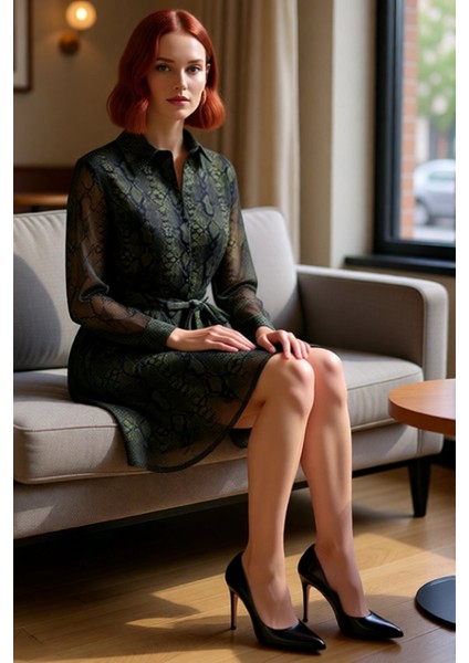 Kadın Şifon Dokuma Skater Mini Elbise Uzun Kollu Çiçekli Gömlek Yaka Kuşak Detaylı Kaliteli