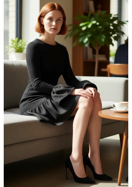 Kadın Bisiklet Yaka Bodycon Örme Elbise Uzun Kollu Fırfır Detaylı Mini Abiye Gece Şıklığı Kaliteli