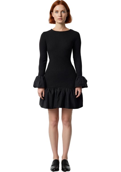 Kadın Bisiklet Yaka Bodycon Örme Elbise Uzun Kollu Fırfır Detaylı Mini Abiye Gece Şıklığı Kaliteli fiyatları