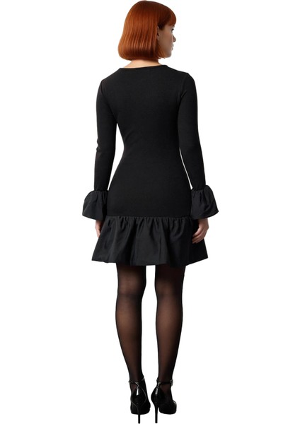 Kadın Bisiklet Yaka Bodycon Örme Elbise Uzun Kollu Fırfır Detaylı Mini Abiye Gece Şıklığı Kaliteli modelleri