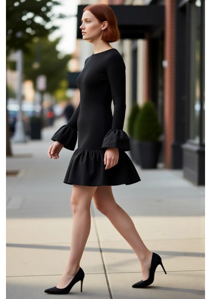 Kadın Bisiklet Yaka Bodycon Örme Elbise Uzun Kollu Fırfır Detaylı Mini Abiye Gece Şıklığı Kaliteli fırsatları