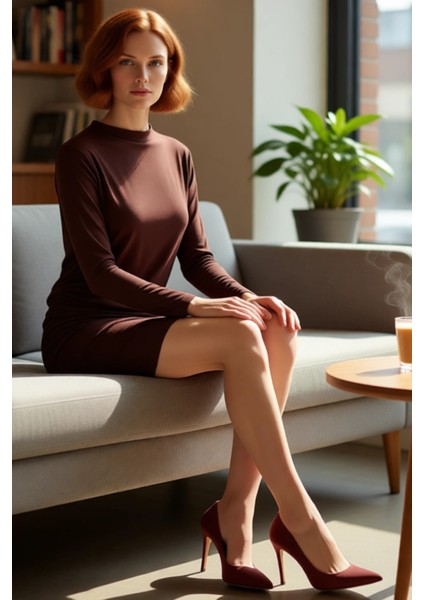 Kadın Bodycon Mini Uzun Kollu Düz Kayık Yaka Sırt Dekolteli Kalın Sandy Örme Elbise Kaliteli fiyatları