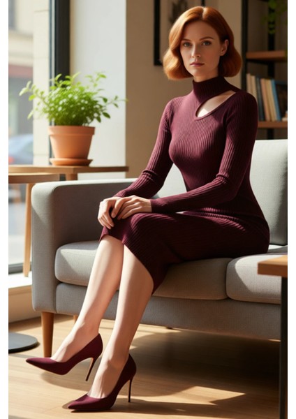 Kadın Bodycon Kesim Midi Uzun Kollu Triko Elbise Dik Yaka Cut Out Detaylı Şık Fitilli Tasarım fiyatları