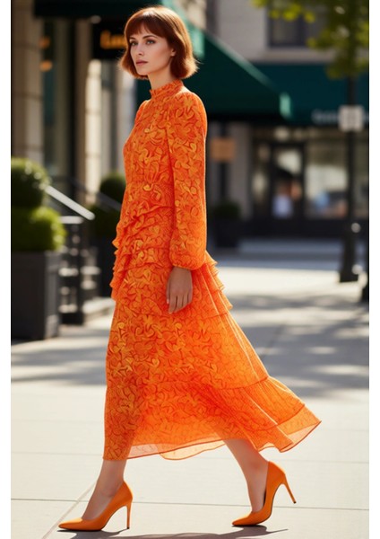 Kadın Çiçekli Balon Kol Maxi Boy Eteği Fırfırlı Astarlı Dokuma Şifon Elbise Şık Davetler Için