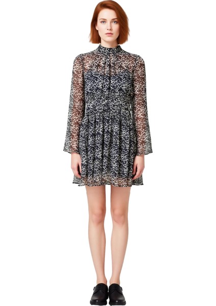 Kadın Geometrik Desenli Dik Yaka Skater Şifon Elbise Uzun Kollu Modern Şık Mini Boy Kaliteli modelleri