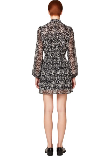 Kadın Geometrik Desenli Dik Yaka Skater Şifon Elbise Uzun Kollu Modern Şık Mini Boy Kaliteli fırsatları