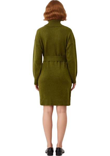 Kadın Triko Elbise Düz Desen Dik Yaka Kuşak Detaylı Düşük Kol Mini Rahat ve Şık Kışlık Giyim fırsatları