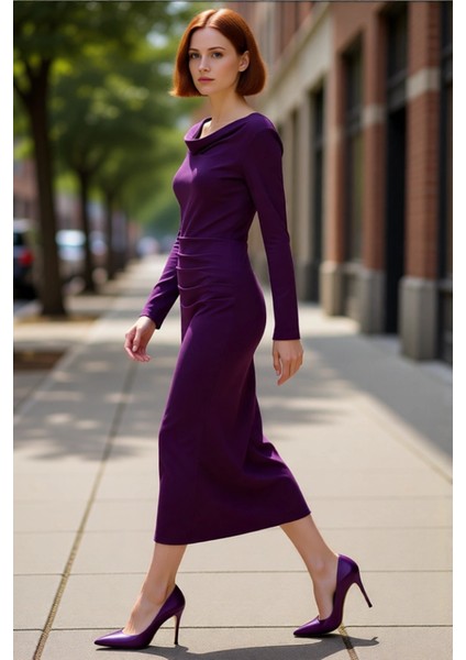 Kadın Bodycon Degaje Yaka Büzgülü Maxi Elbise Kalın Sandy Dokuma Uzun Kollu Şık Kış Stili Kaliteli