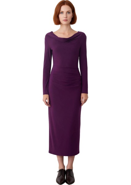 Kadın Bodycon Degaje Yaka Büzgülü Maxi Elbise Kalın Sandy Dokuma Uzun Kollu Şık Kış Stili Kaliteli modelleri