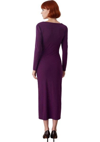 Kadın Bodycon Degaje Yaka Büzgülü Maxi Elbise Kalın Sandy Dokuma Uzun Kollu Şık Kış Stili Kaliteli fırsatları