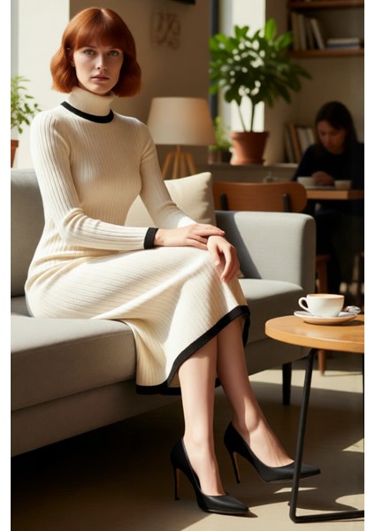 Kadın Siyah Renk Bloklu Balıkçı Yaka Midi Triko Elbise Şık ve Konforlu Kışlık Günlük Giyim fiyatları