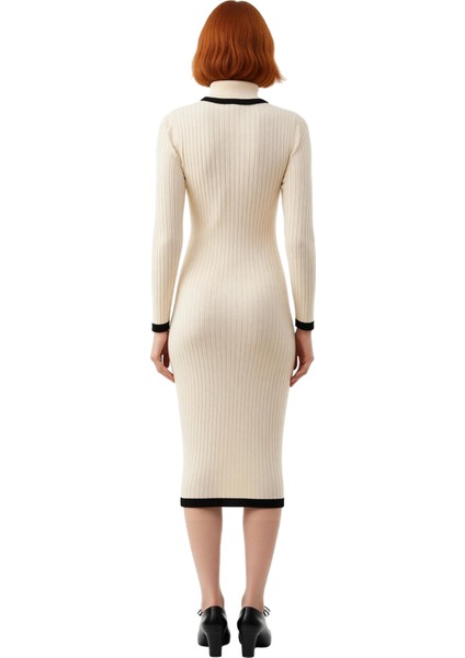 Kadın Siyah Renk Bloklu Balıkçı Yaka Midi Triko Elbise Şık ve Konforlu Kışlık Günlük Giyim fırsatları