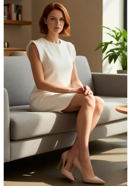 Kadın Ekru Dokuma Tüvit A Kesim Shift Kalıp Kolsuz Mini Elbise Şık Omuz Detaylı Cool Comfort fiyatları