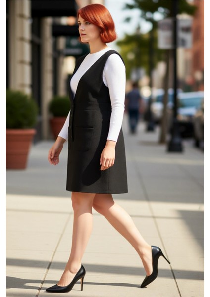 Kadın Büyük Beden Dokulu V Yaka Jile Elbise Şık Modern Kısa Boy Rahat Kesim Ilkbahar Sonbahar Tarzı