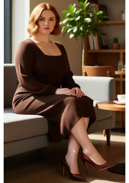 Kadın Fitilli Bodycon Midi Triko Elbise Uzun Kollu Kare Yaka Düğme Detaylı Yırtmaçlı Kaliteli fiyatları