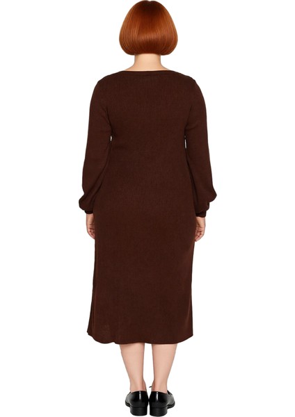 Kadın Fitilli Bodycon Midi Triko Elbise Uzun Kollu Kare Yaka Düğme Detaylı Yırtmaçlı Kaliteli fırsatları