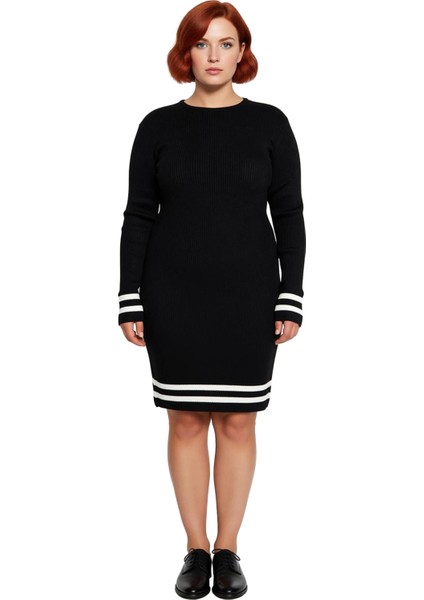 Kadın Bodycon Kesim Fitilli Triko Kazak Elbise Çizgili Detaylı Bisiklet Yaka Uzun Kollu Stil modelleri