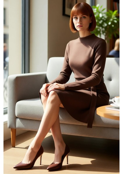 Kadın A Line Dik Yaka Mini Elbise Kemerli Uzun Kol Selanik Örme Kış Sezonu Comfort Tasarım