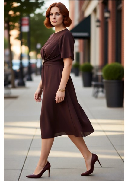 Kadınlar Için A Kesim Düz Kahverengi Midi Boy Aksesuar Detaylı Büyük Beden Dokuma Elbise Kaliteli