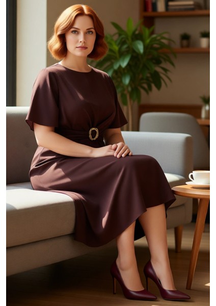 Kadınlar Için A Kesim Düz Kahverengi Midi Boy Aksesuar Detaylı Büyük Beden Dokuma Elbise Kaliteli fiyatları