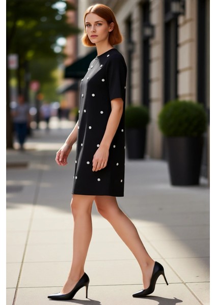 Kadın A Line Kesim Aksesuar Detaylı Kısa Kol Elbise Günlük Şık Bisiklet Yaka Modern Tasarım