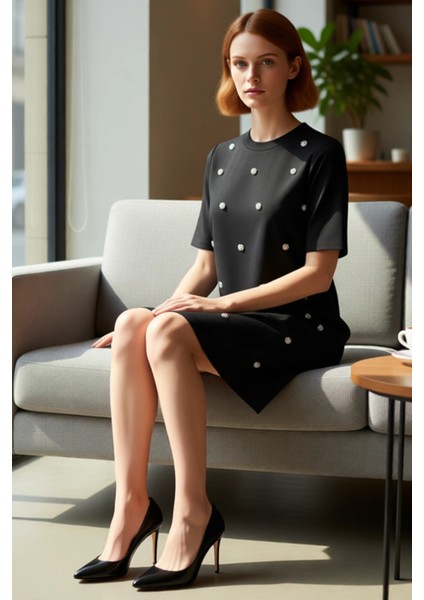 Kadın A Line Kesim Aksesuar Detaylı Kısa Kol Elbise Günlük Şık Bisiklet Yaka Modern Tasarım fiyatları