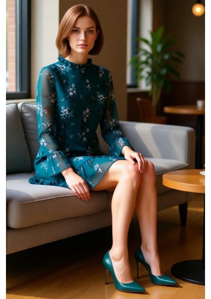 Kadınlar Için Dik Yaka Fırfır Detaylı Çiçek Desenli Şifon A Line Uzun Kollu Mini Elbise Kaliteli fiyatları