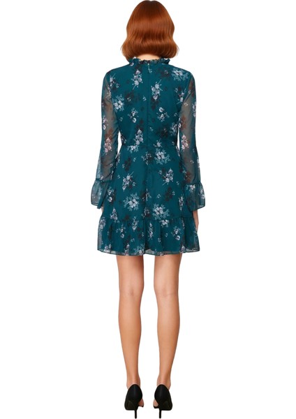 Kadınlar Için Dik Yaka Fırfır Detaylı Çiçek Desenli Şifon A Line Uzun Kollu Mini Elbise Kaliteli fırsatları